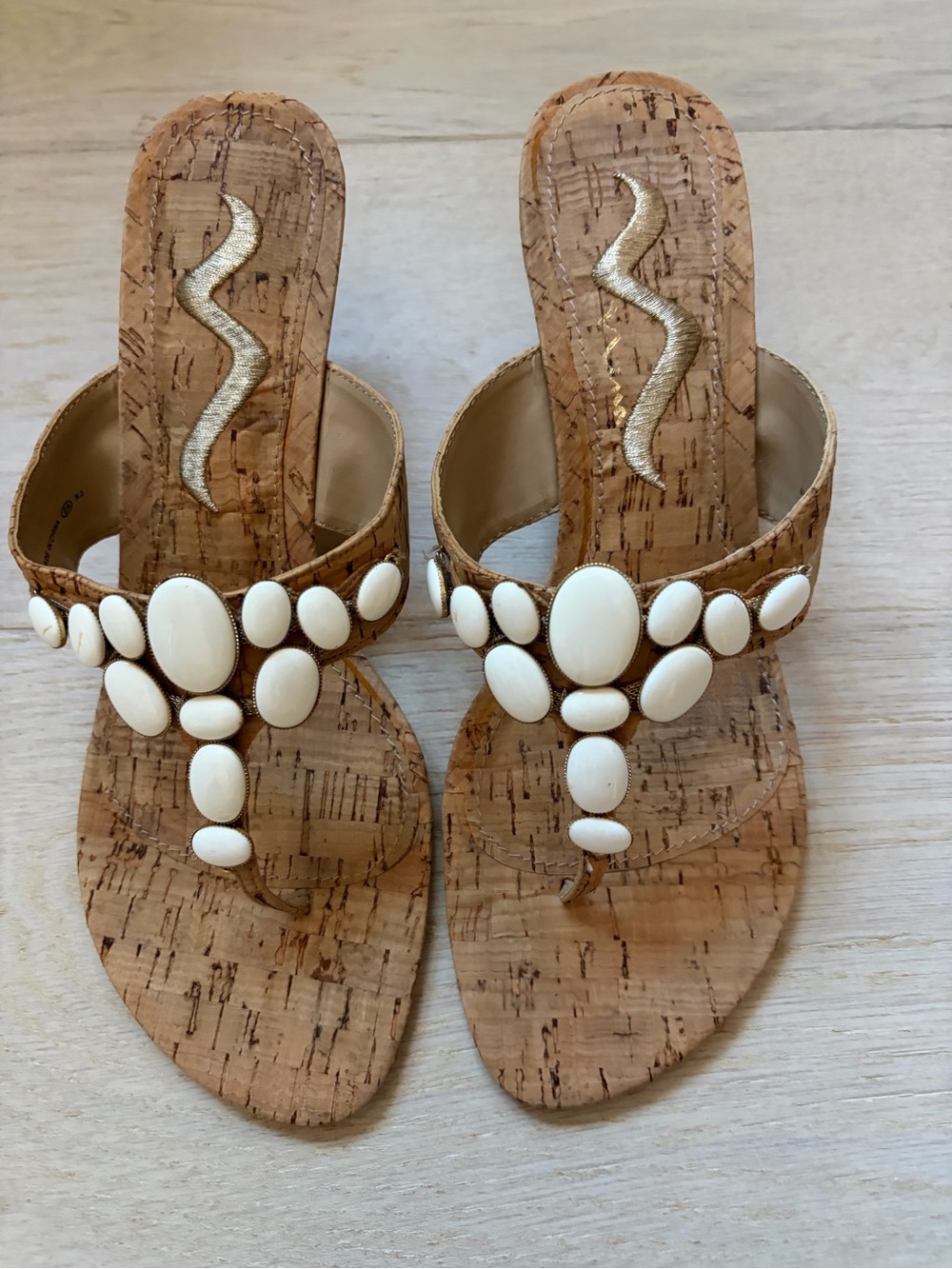 Nina Cork Thong Sandals with White Stone Accents
